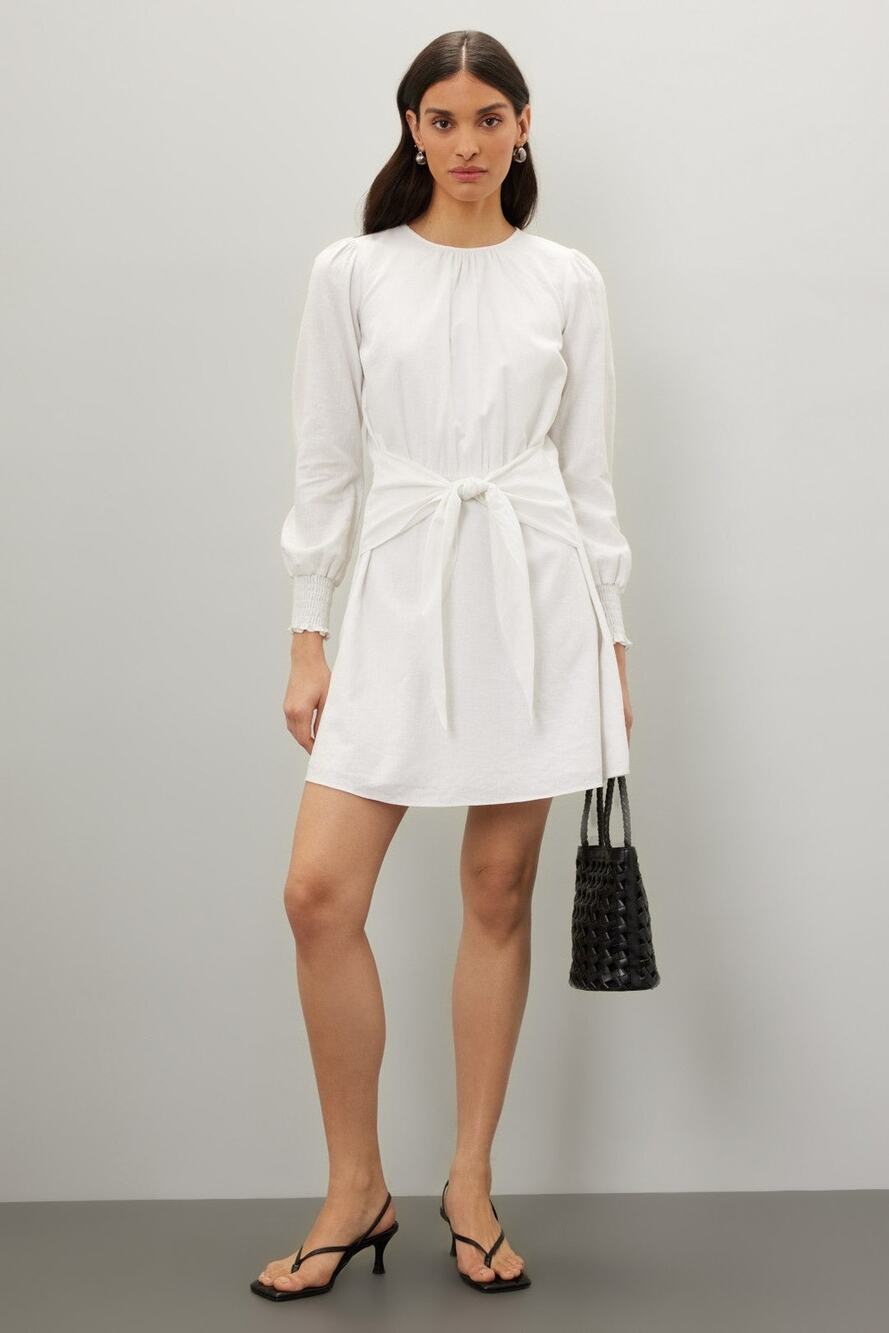 MICHAEL KORS White Long Sleeve Crewneck Linen Tie Front Mini Dress Size Medium